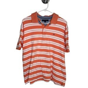 TOMMY HILFIGER Custom Fit Men's Orange White Striped Polo Shirt Cotton Logo XL